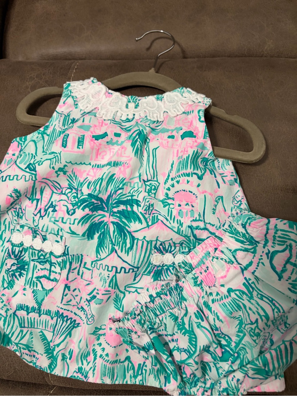Lilly Pulitzer Girls Tropical Palm Print Dress and Bloomers - Pink & Teal